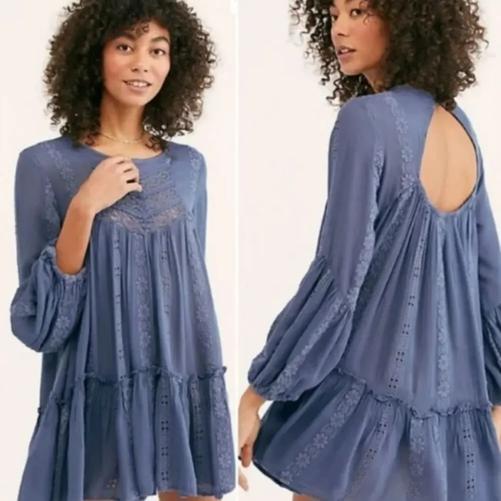 Free People Kiss Kiss Tunic Dress Womens XS Blue Tiered Swing Cut Out Oversized